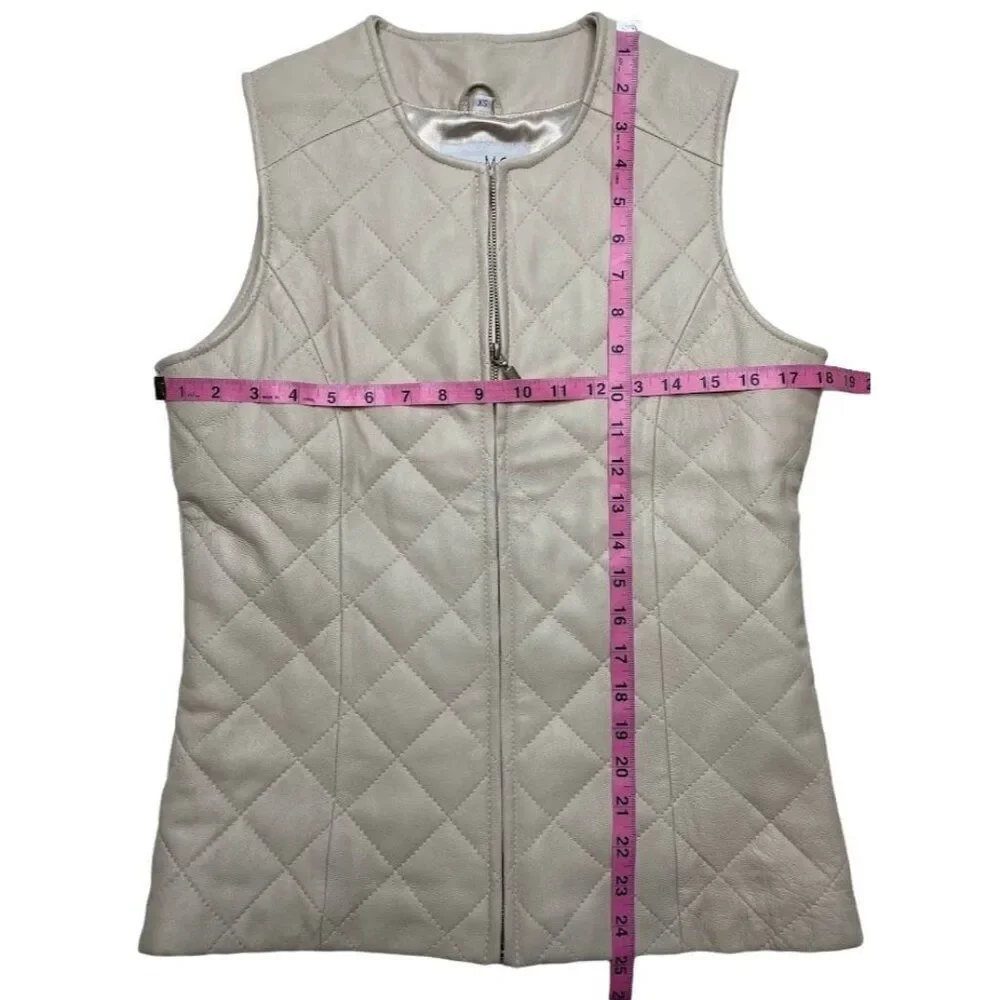 Patricia McCoy Leather Vest Jacket‎ Women's XS Cream Quilted Sleeveless Zipper